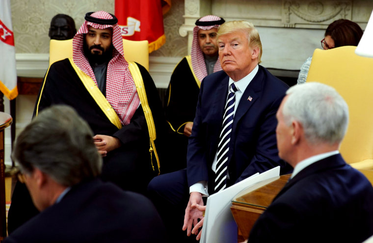 Image: President Donald Trump meets with Saudi Arabia's Crown Prince Mohammed bin Salman at the White House on March 20, 2018.