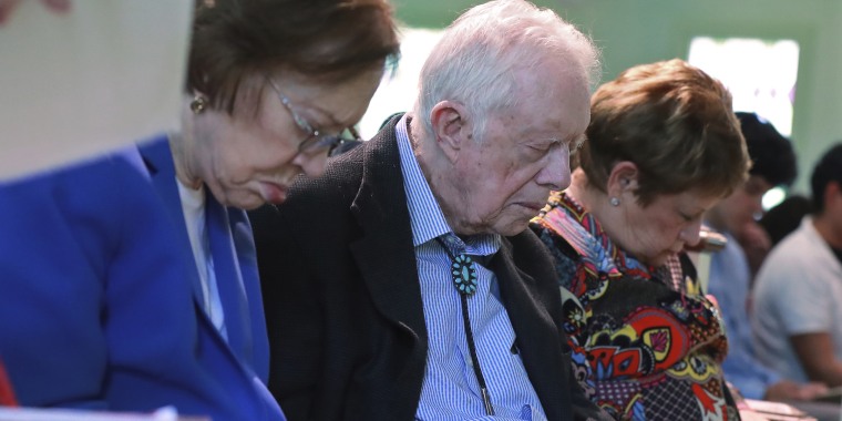 Former president Jimmy Carter was back teaching Sunday school less than a month after breaking his hip. 