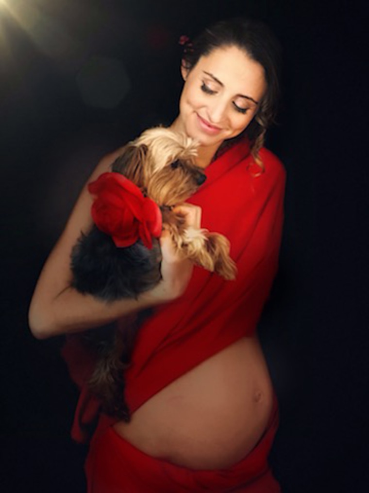 Francesca Page's sister, Georgina, snuck in Francesca's 5-year-old Yorkie to make it a dog maternity photo shoot. 
