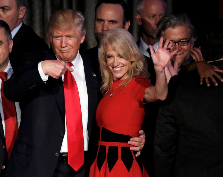 Image: U.S. President-elect Donald Trump and his campaign manager Kellyanne Conway greet supporters during his election night rally in Manhattan