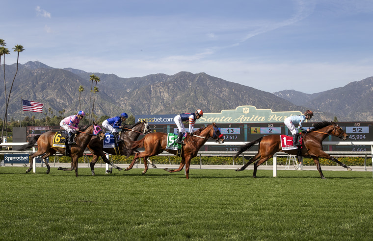 Image: Horses race at the Santa Anita Horse Park in Arcadia, California, on March 29, 2019.