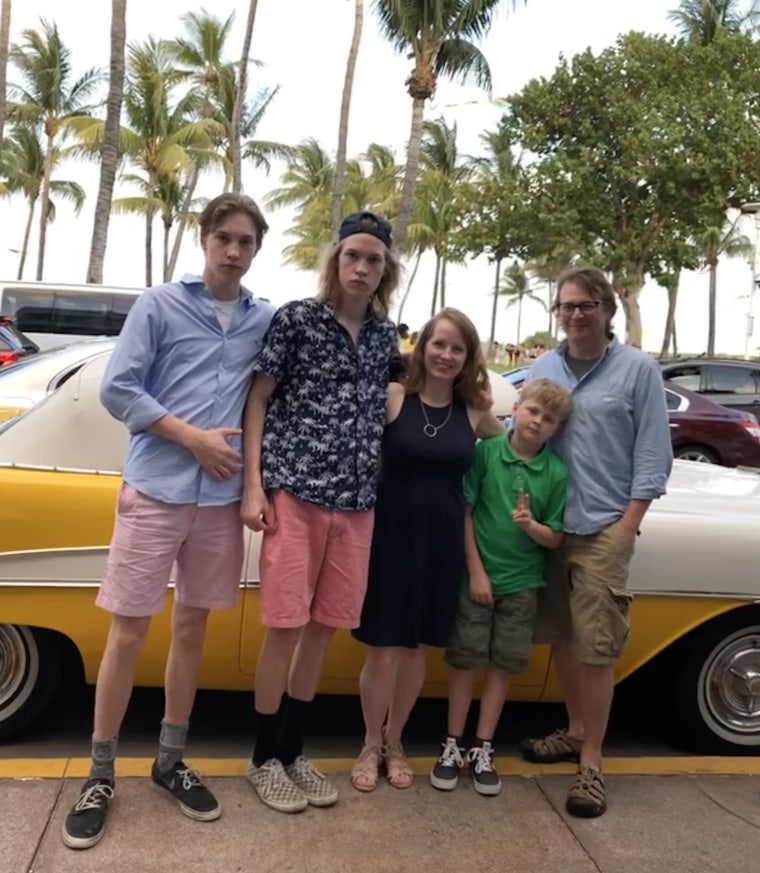 The Folsom Family in Miami, Florida. From left to right: Josh, 17, Will, 17, Jennifer Folsom, Anderson, 12, and Jennifer's husband, Ben.