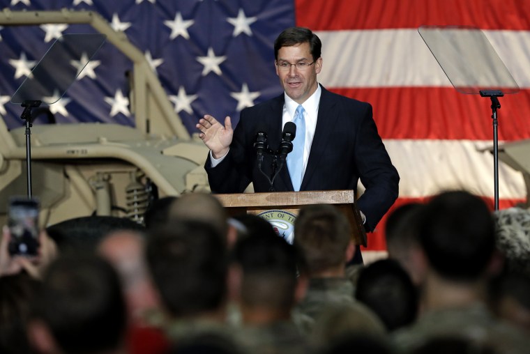 Image: Secretary of the Army Mark Esper speaks to soldiers at Fort Bragg in North Carolina on April 15, 2019.