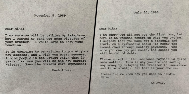 Two letters Zbigniew Brzezinski sent to Mika Brzezinski. Mika's father would help pay some of her bills, but always insisted she paid him back.