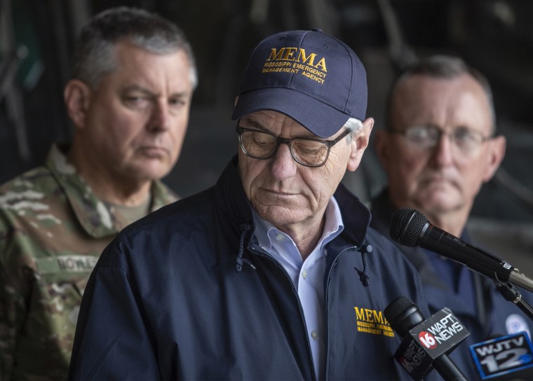 Governor Phil Bryant holds a press conference at the Mississippi National Guard's Army Aviation Support Facility after his aerial tour of the Mississippi River/Backwater Flooding on April 3, 2019.