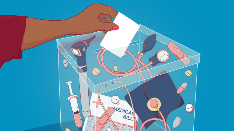 Illustration of a voter casting a ballot in a box full of medical supplies.