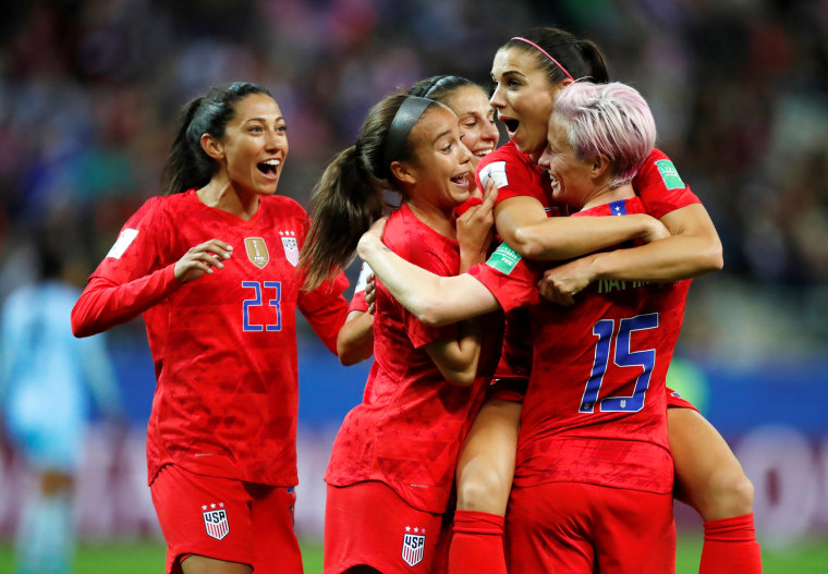 Image: Alex Morgan celebrates scoring the 12th goal for the United States against Thailand in the Women's World Cup in France on June 11, 2019.