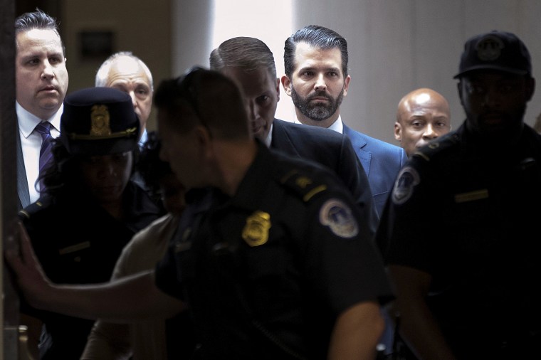 Image: Donald Trump Jr. arrives for a closed-door interview with the Senate Intelligence Committee on Capitol Hill on June 12, 2019.