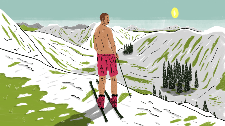 Illustration of skier in swim trunks standing on mountain with melting snow.