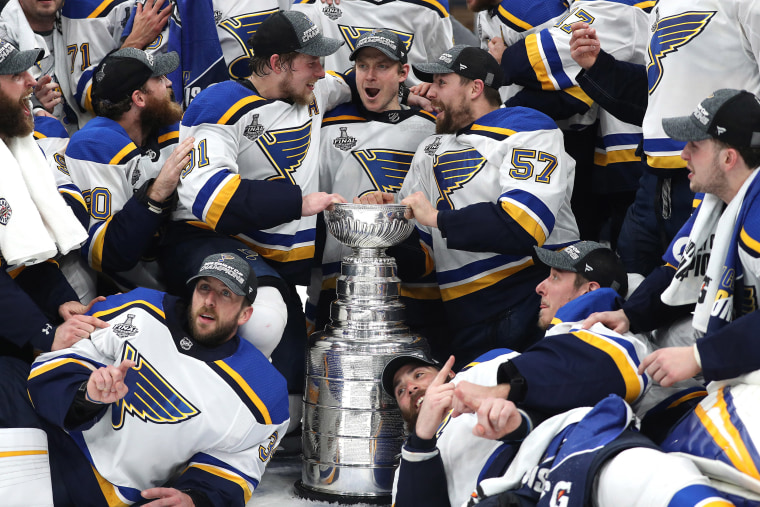 Image: The St. Louis Blues celebrate after defeating the Boston Bruins in Game Seven to win the 2019 NHL Stanley Cup Final at TD Garden
