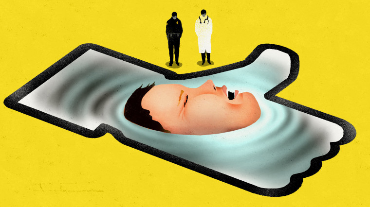 Illustration of a police officer and doctor watching as a head emerges from bleach inside of a Facebook thumb icon.