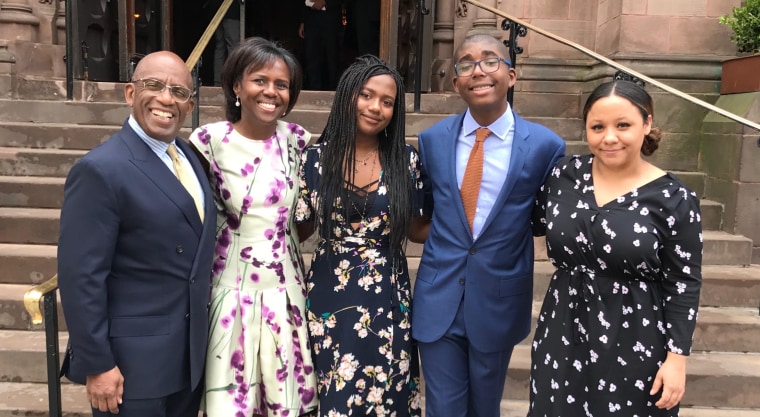 From left to right: Al Roker, his wife Deborah Roberts, and their three children Nick, 16, Leila, 20, and Courtney, 32.