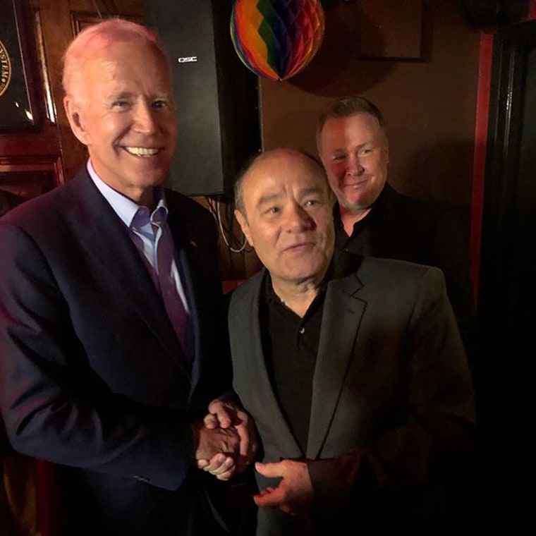 Stonewall uprising veteran Mark Segal poses with former Vice President Joe Biden at Stonewall Inn on June 18, 2019 in New York.