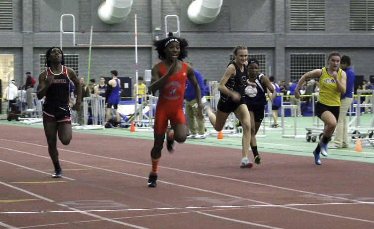 Bloomfield High School transgender athlete Terry Miller, second from left, wins the final of the 55-meter dash over transgender athlete Andraya Yearwood, far left, and other runners in the Connecticut girls Class S indoor track meet at Hillhouse High School in New Haven, Connecticut on Feb. 7, 2019.
