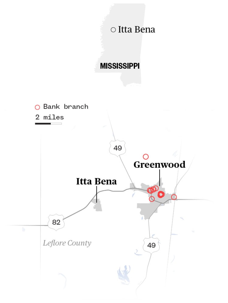 Graphic: A map showing Itta Bena in MS has no bank branch