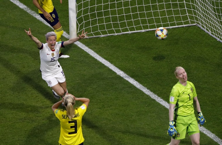 Image: Megan Rapinoe, left, celebrates after Tobin Heath scored her side's second goal during the Women's World Cup Group F soccer match between the U.S. and Sweden