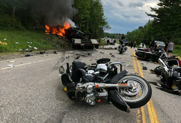 Image: Several motorcycles and a pickup truck collided on a rural, two-lane highway in Randolph, New Hampshire, on June 21, 2019.