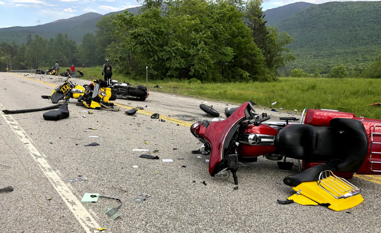 Image: Several motorcycles and a pickup truck collided on a rural, two-lane highway in Randolph, New Hampshire, on June 21, 2019.