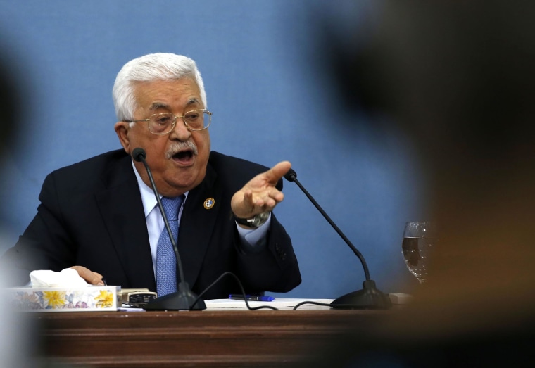 Image: Palestinian President Mahmud Abbas speaks during a meeting with journalists in the occupied West Bank town of Ramallah