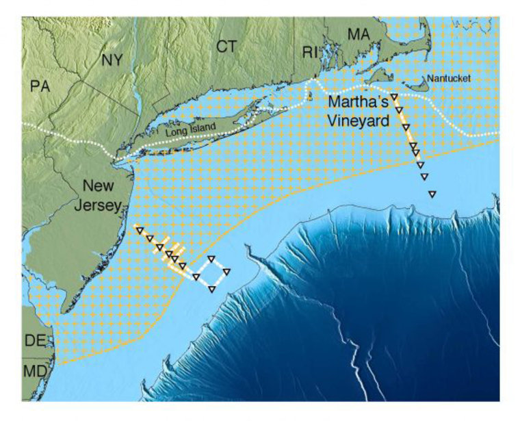 Scientists have identified a huge reservoir of relatively fresh water off the east coast of the United States (marked with yellow hatches). Solid yellow or white lines with triangles show ship tracks.