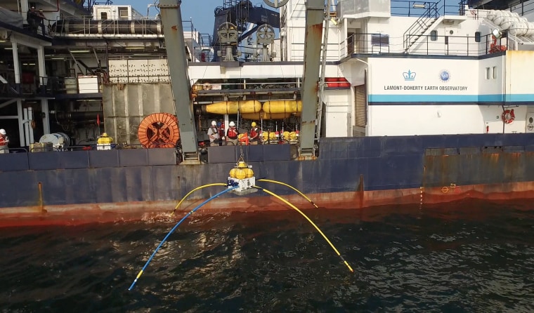 An electromagnetic receiver used in the study being deployed off the research vessel Marcus Langseth.