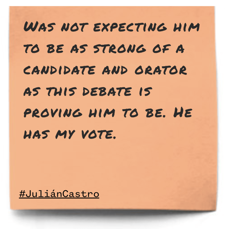 "Was not expecting him to be as strong of a candidate and orator as this debate is proving him to be. He has my vote."