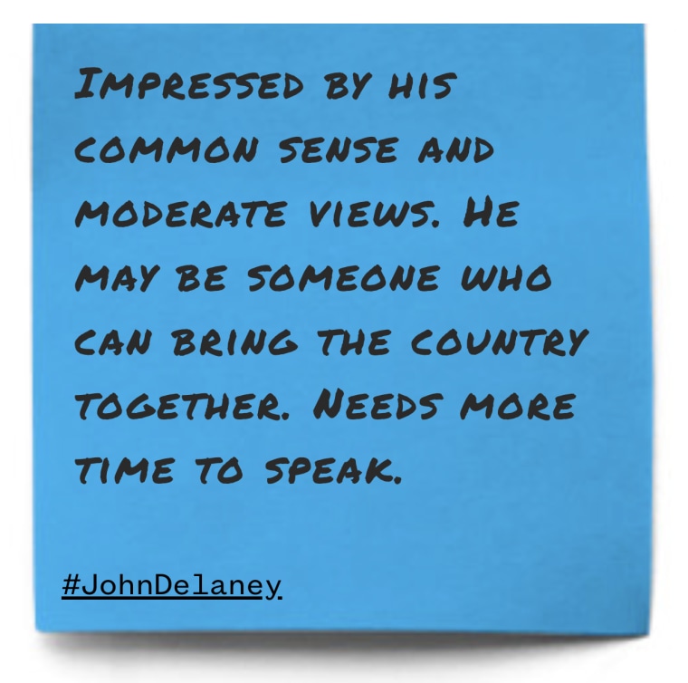 "Impressed by his common sense and moderate views. He may be someone who can bring the country together. Needs more time to speak."