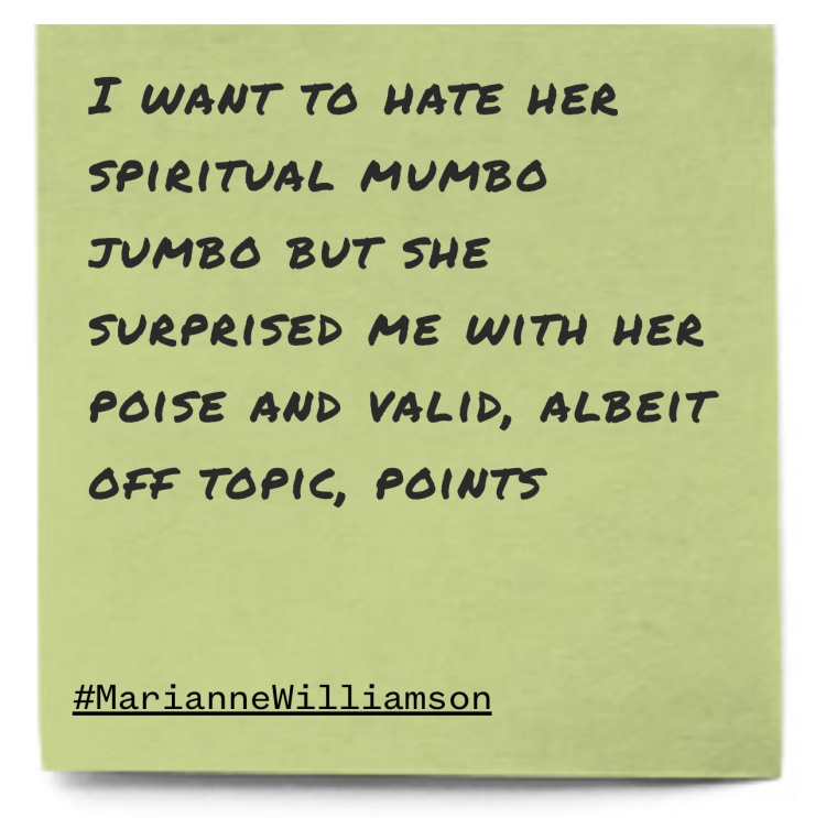"I want to hate her spiritual mumbo jumbo but she surprised me with her poise and valid, albeit off topic, points"