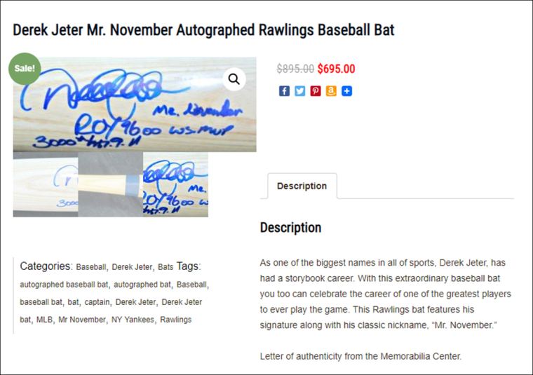 The bat purported to be signed by Derek Jeter back on sale on the Memorabilia Center website.