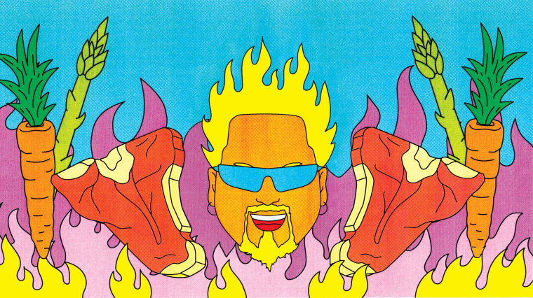 Illustration of Guy Fieri flanked by steaks and vegetables as a smoke rises behind him.
