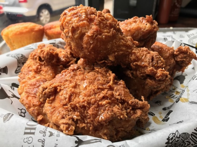 Fried chicken and cornbread muffins at Love &amp; Honey Fried Chicken