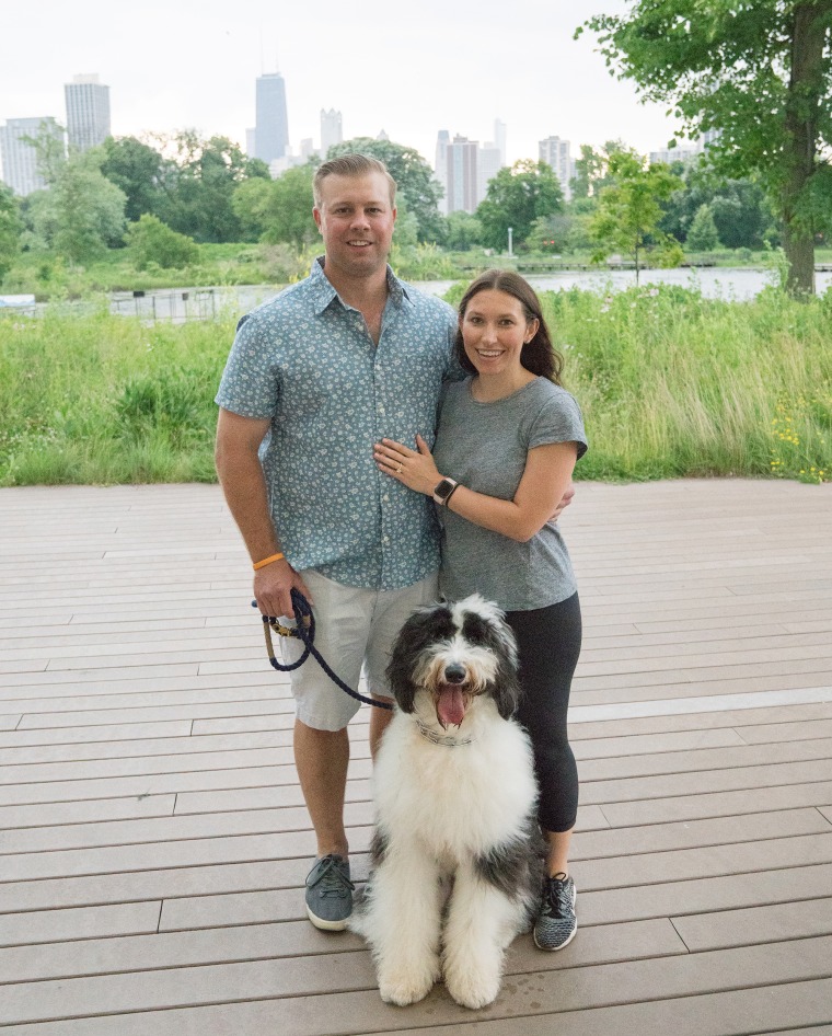 Patrick "Boomer" Twardak and Brooke Osborn posed for a family portrait with their dog Stanley, shortly after Twardak proposed to Osborn.