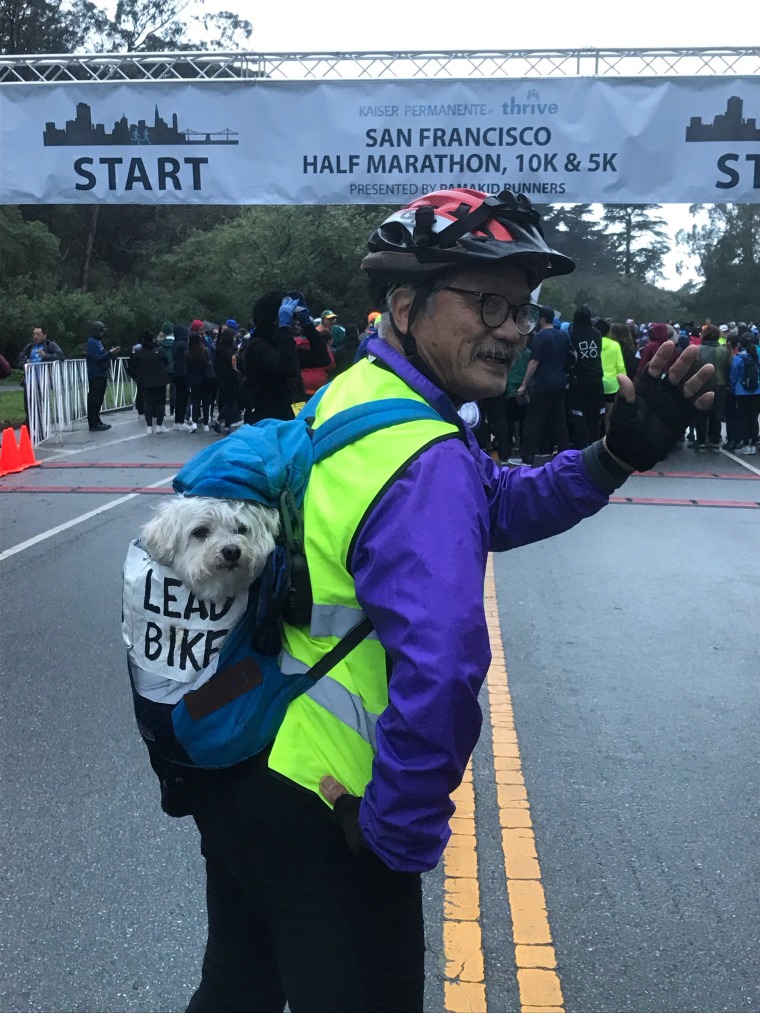 Monte "helps" Vince Louie volunteer at fundraising events for the Chinatown YMCA from the comfort of a backpack.