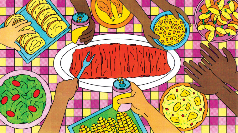 Illustration of a picnic table top with ribs and other summer foods.