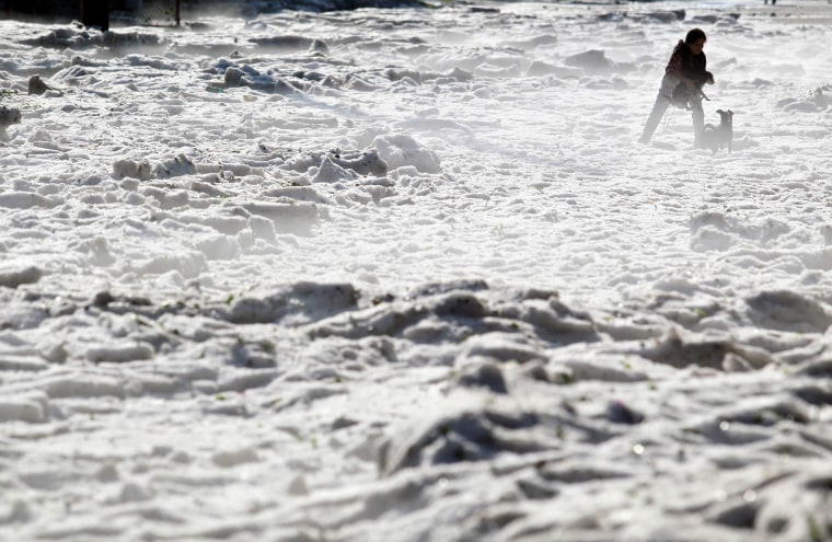 Image: A woman an her dog walk on hail in Guadalajara on June 30, 2019.