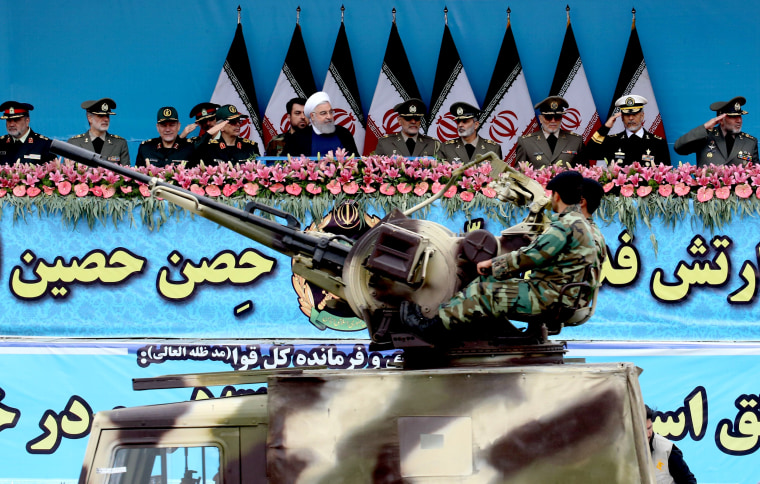 Image: Iranian President Hassan Rouhani attends a military parade on April 18, 2019.