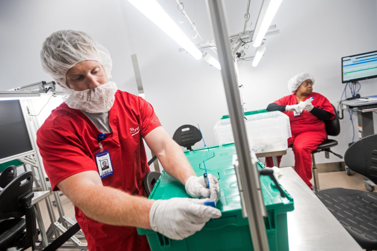 Brookland-Cayce High School teacher Chancen Blackwood works a shift at Nephron Pharmaceuticals in West Columbia, South Carolina.