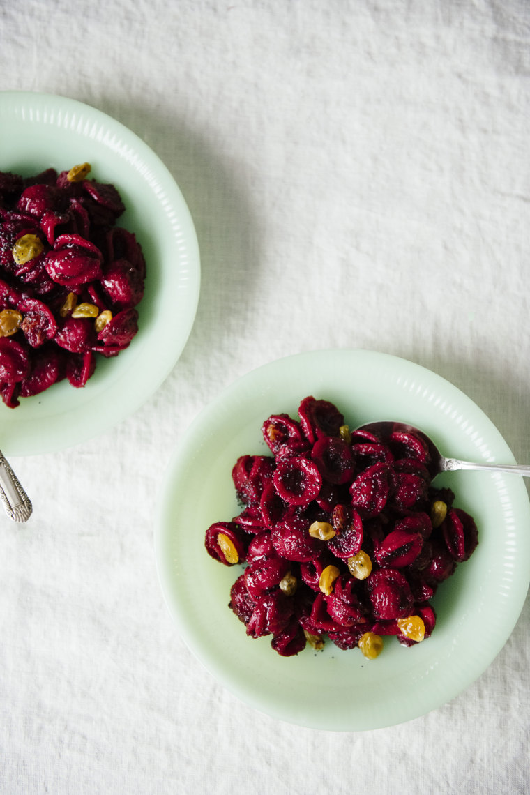 Beet-Dressed Pasta With Golden Raisins And Poppy Seeds