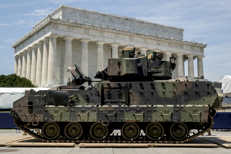 Image: One of two Bradley Fighting Vehicles waits to be driven into place in front of the Lincoln Memorial for President Donald Trump's 'Salute to America' event honoring service branches on Independence Day,