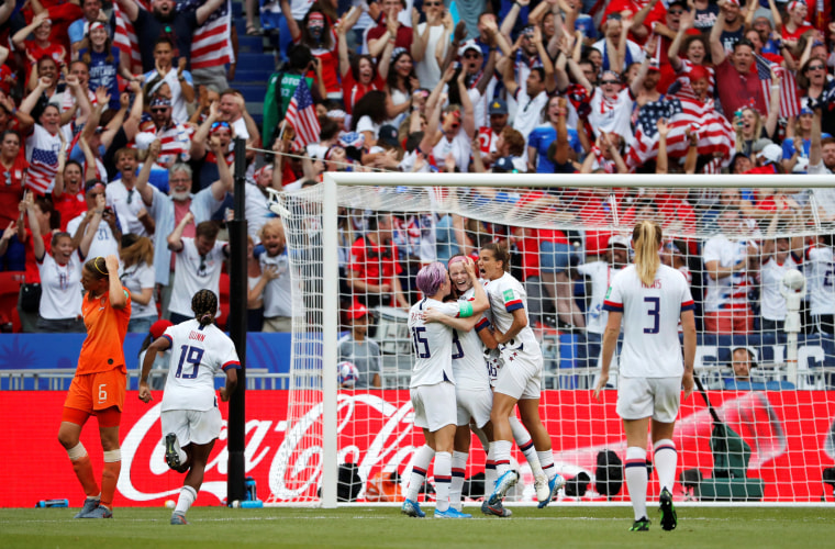 Image: Rose Lavelle celebrates after scoring a second goal for the United States against the Netherlands in the World Cup final in Lyon on July 7, 2019.