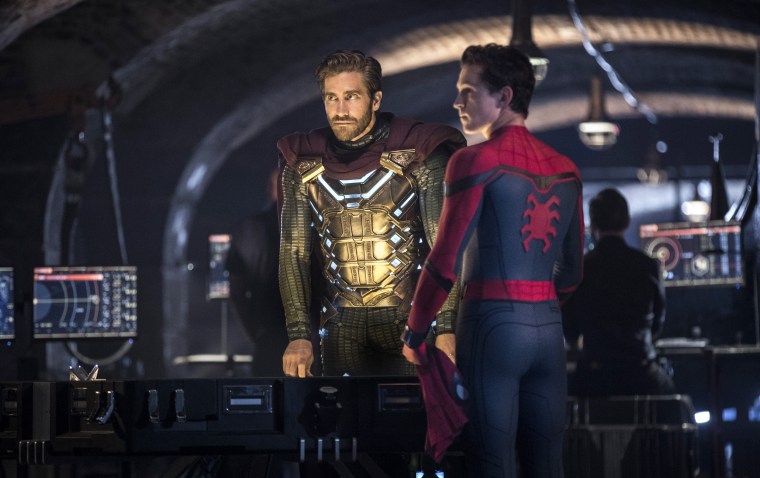 Image: Jake Gyllenhaal and Tom Holland in a scene from \"Spider-Man: Far From Home.\"