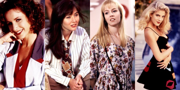 Gabrielle Carteris, Shannen Doherty, Jennie Garth and Tori Spelling in the clothes as they originally wore them back in the '90s.