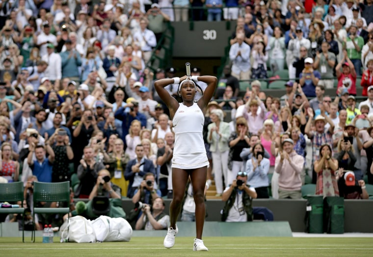 Image: Cori Gauff reacts after defeating Venus Williams at Wimbledon in London on July 1, 2019.