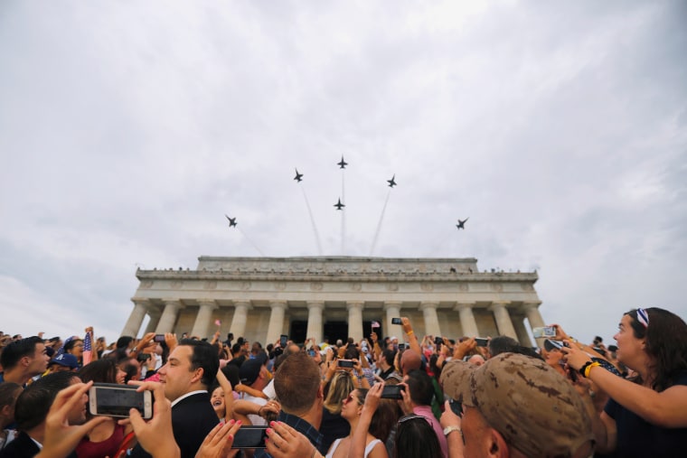 Image: U.S. Navy Blue Angels perform a flypast at the \"Salute to America\" event during Fourth of July Independence Day celebrations at the Lincoln Memorial in Washington, D.C.