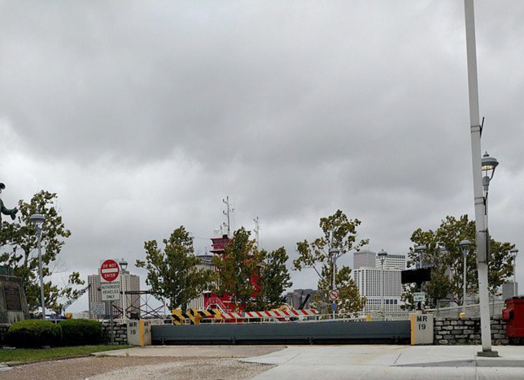 The flood gates in the Algiers Point neighborhood of New Orleans are closed on July 12, 2019