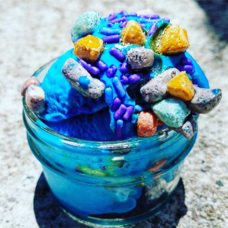 A jar of the "Blue Monster" ice cream at Crank &amp; Boom Craft Ice Cream in Lexington, Kentucky