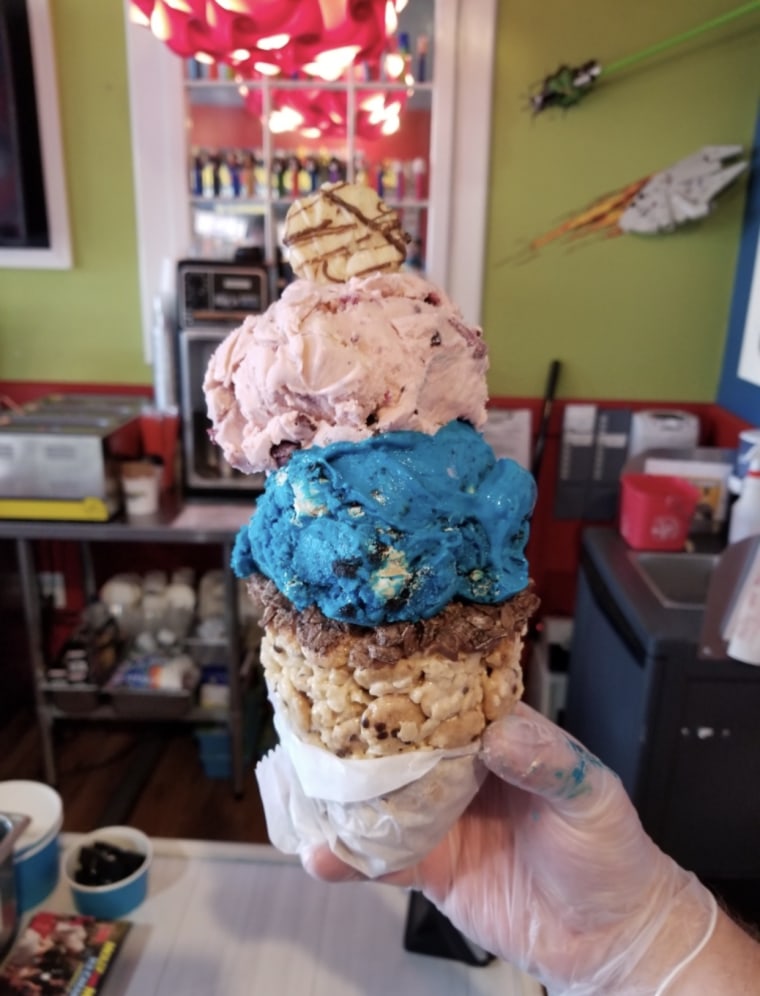 A colorful ice cream creation served in a rice krispie treat cone at Molly and Miles in Greenville, South Carolina