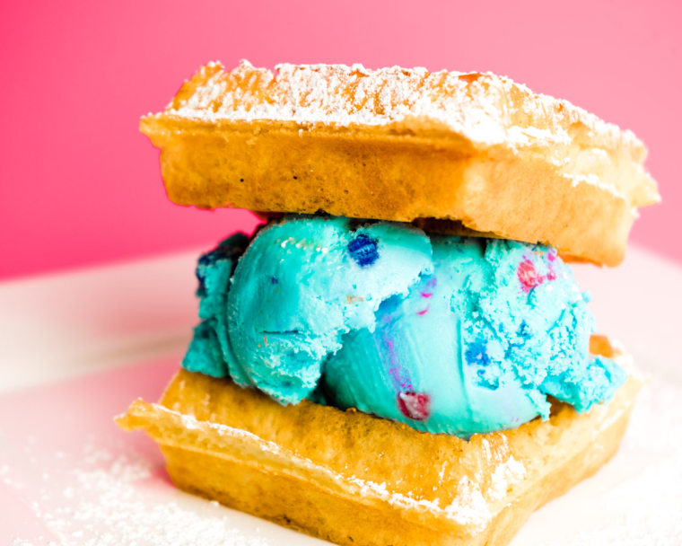 Belgian waffle blue ice cream sandwich at Boardwalk Waffles &amp; Ice Cream