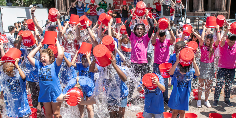 Participants take the Ice Bucket Challenge at an event celebrating the five year anniversary of the viral challenge in Boston on July 15. 