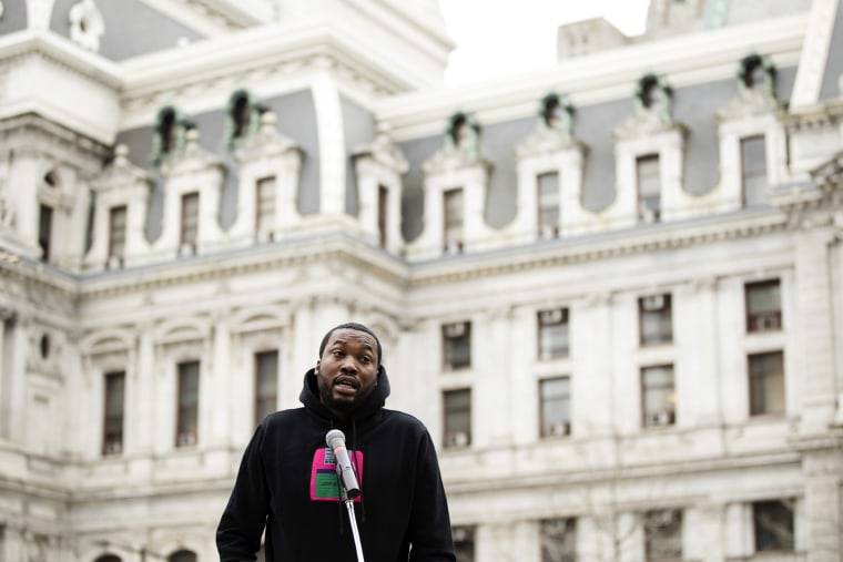 Image: Meek Mill speaks about changes to Pennsylvania's probation system in Philadelphia on April 2, 2019.
